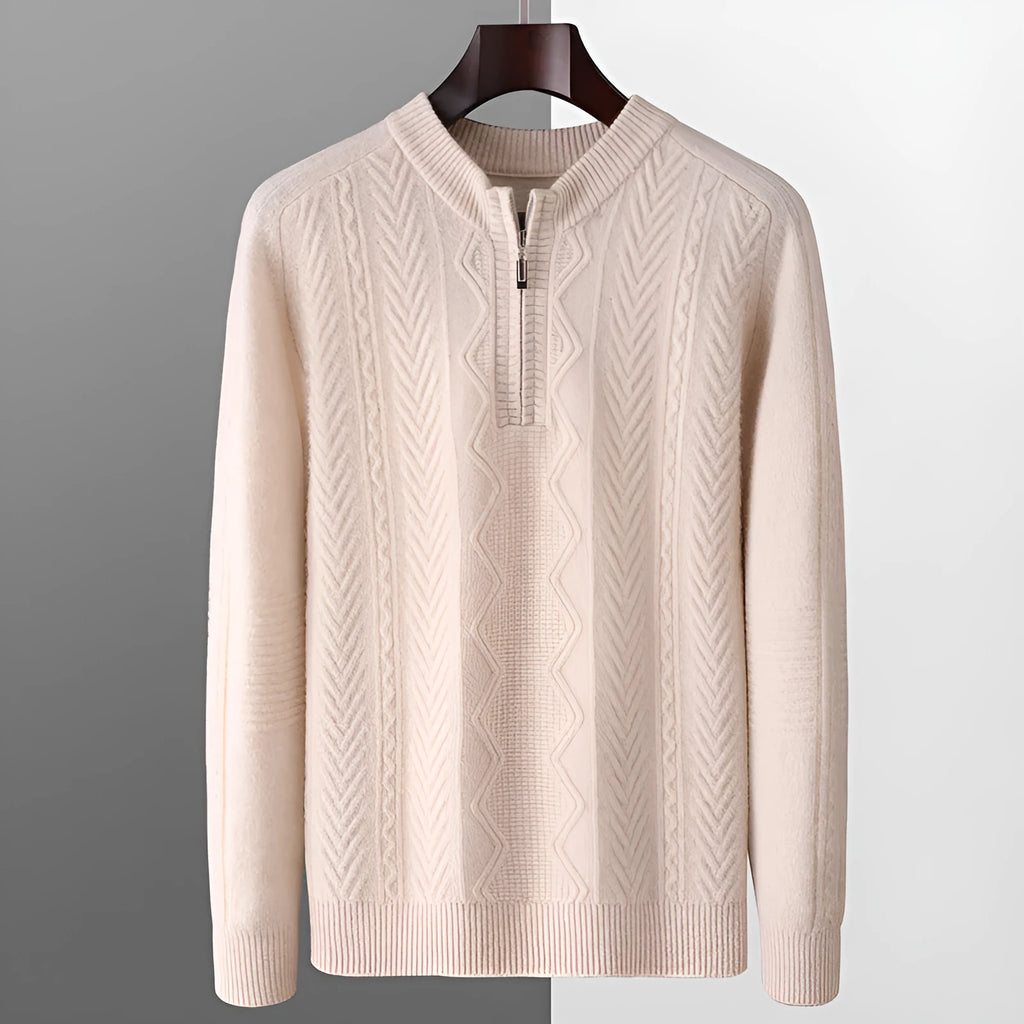 Man wearing a milky white pure wool sweater with a diamond lattice pattern and a half-zip front.