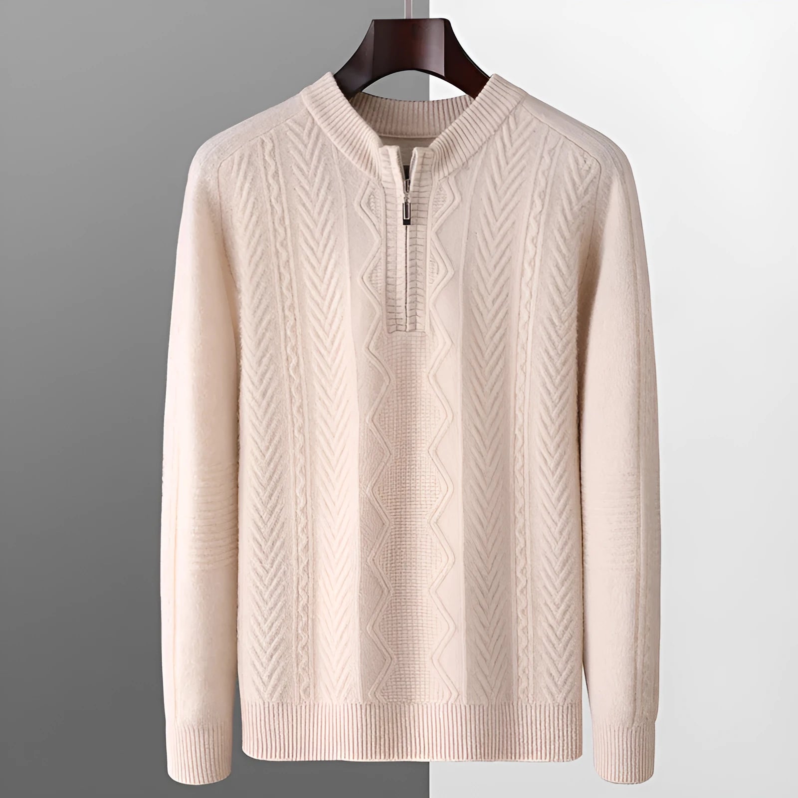 Man wearing a milky white pure wool sweater with a diamond lattice pattern and a half-zip front.