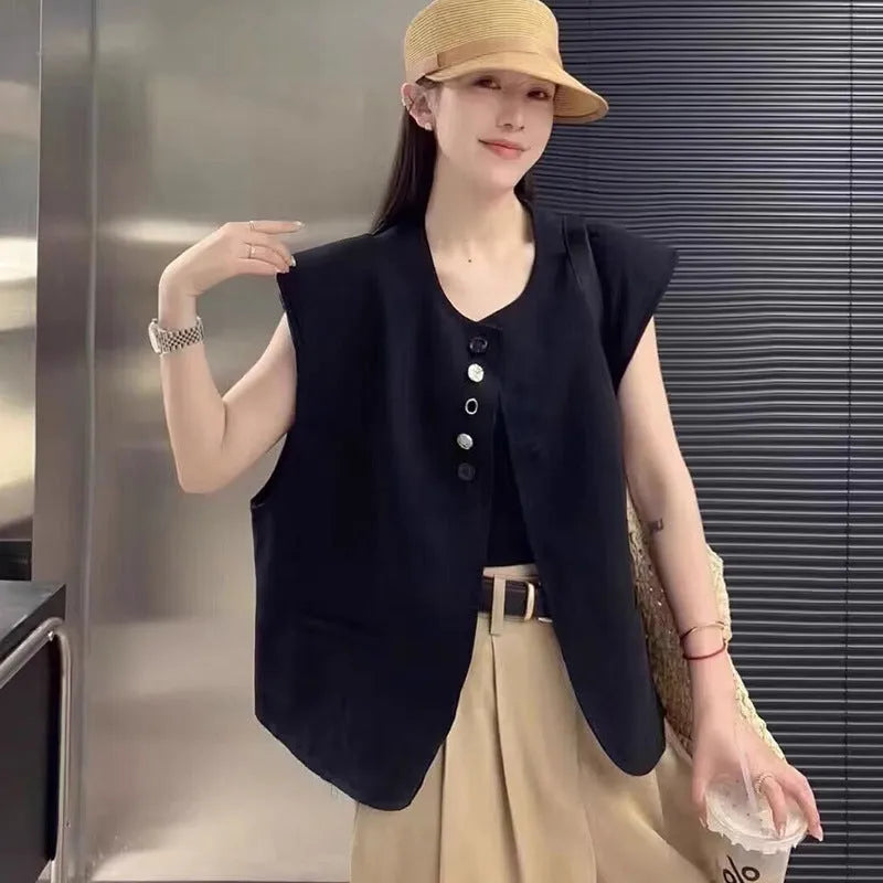 Women's loose sleeveless vest in solid colour with pockets, 40cm length