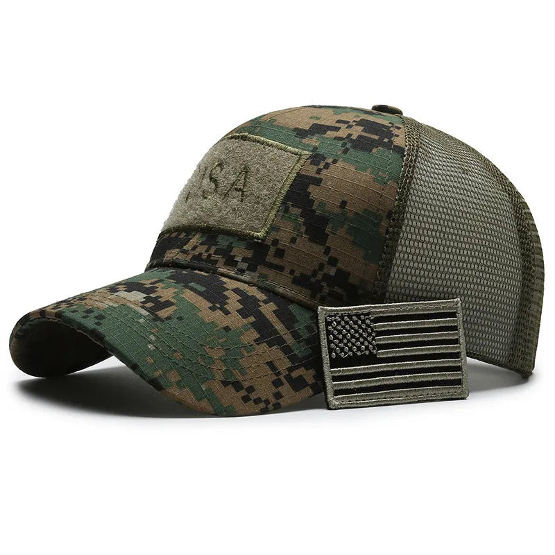 Adjustable tactical camouflage baseball hat with Velcro tear mark patches in dome style