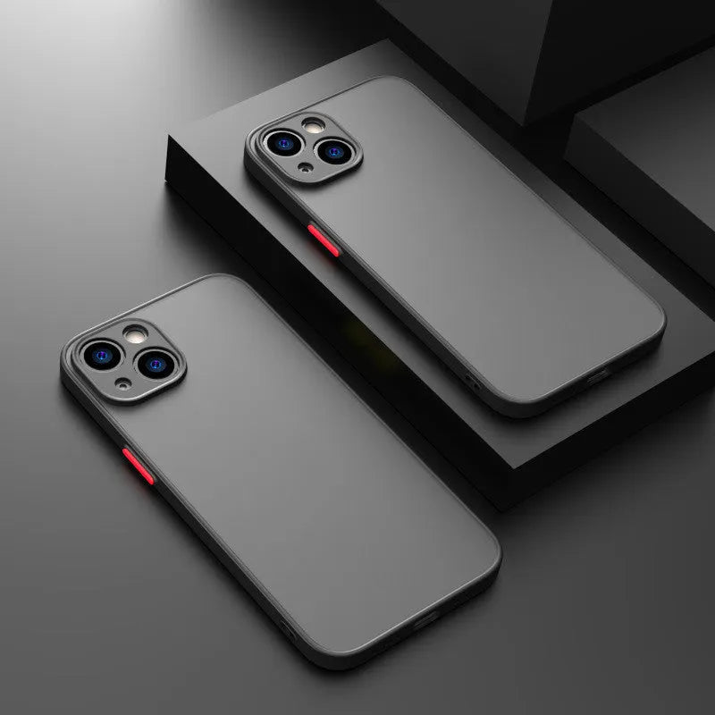 Black frosted hard iPhone case with fine hole skin-sensing design on a table.