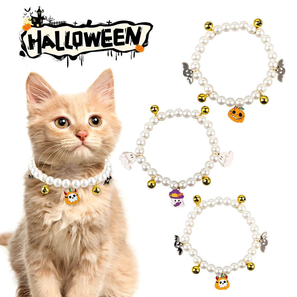 Halloween cat collar with simulated pearl beads in purple ghost pumpkin design