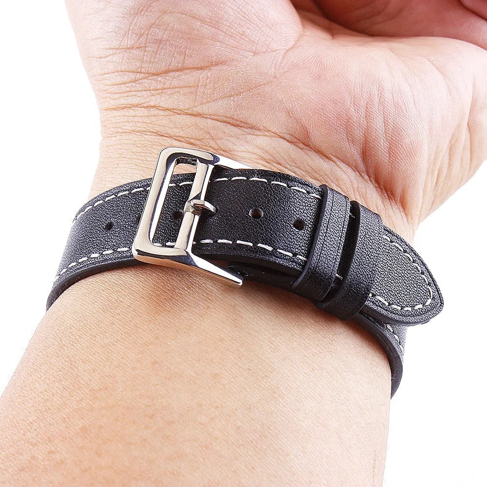 Genuine leather single ring watch strap in black, 20mm wide, first layer cowhide.