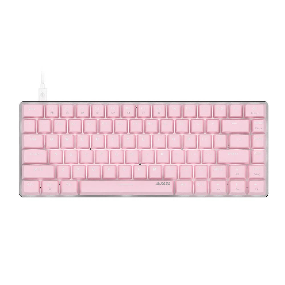 White backlit 82-key metal mechanical gaming keyboard with pink switches for laptops.