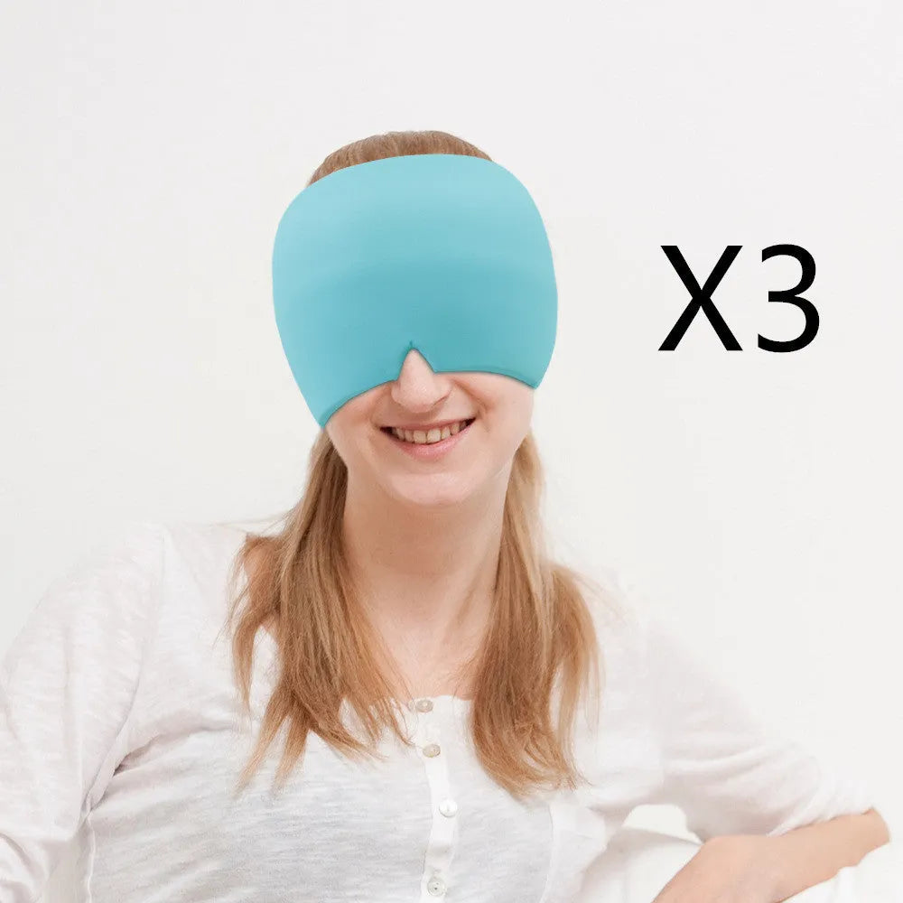 Black elastic ice gel headache relief eye mask shown on a mannequin head, adjustable for 42-66cm circumference.