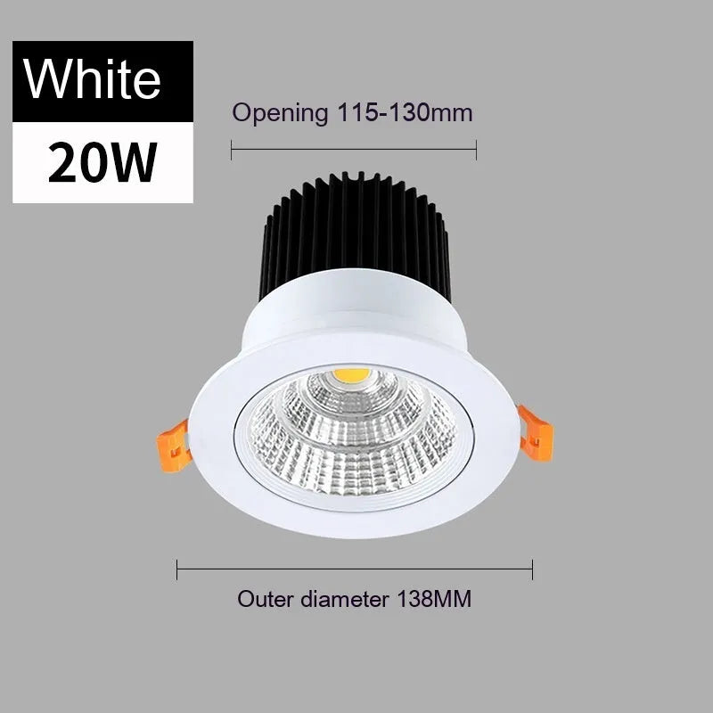 White aluminium embedded LED ceiling spotlight with anti-glare design showing three colour temperature options