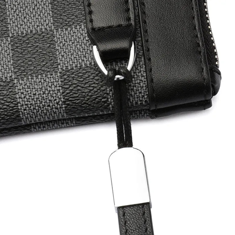 Men's black genuine cowhide leather clutch wallet showing front view with dimensions.