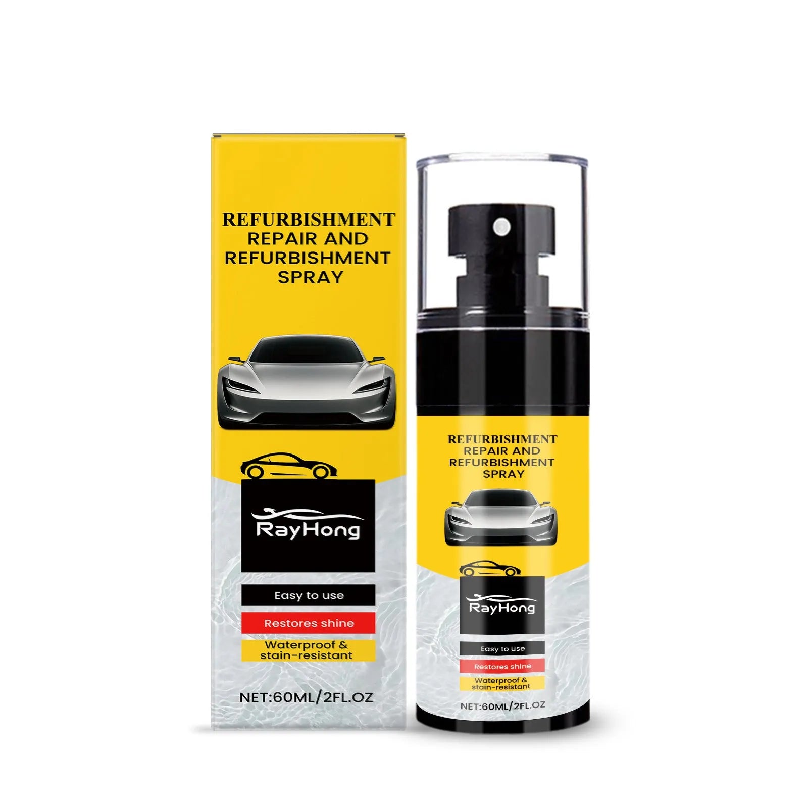 Automotive plastic renovation spray 60ml bottle with label for car interior trim refurbishment