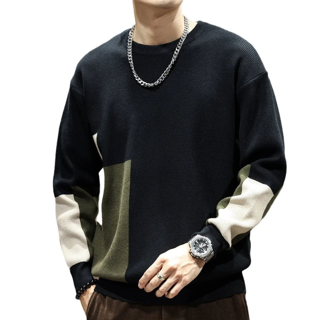 Men's oversized pullover sweater in black or walnut with colour contrast patchwork and long sleeves