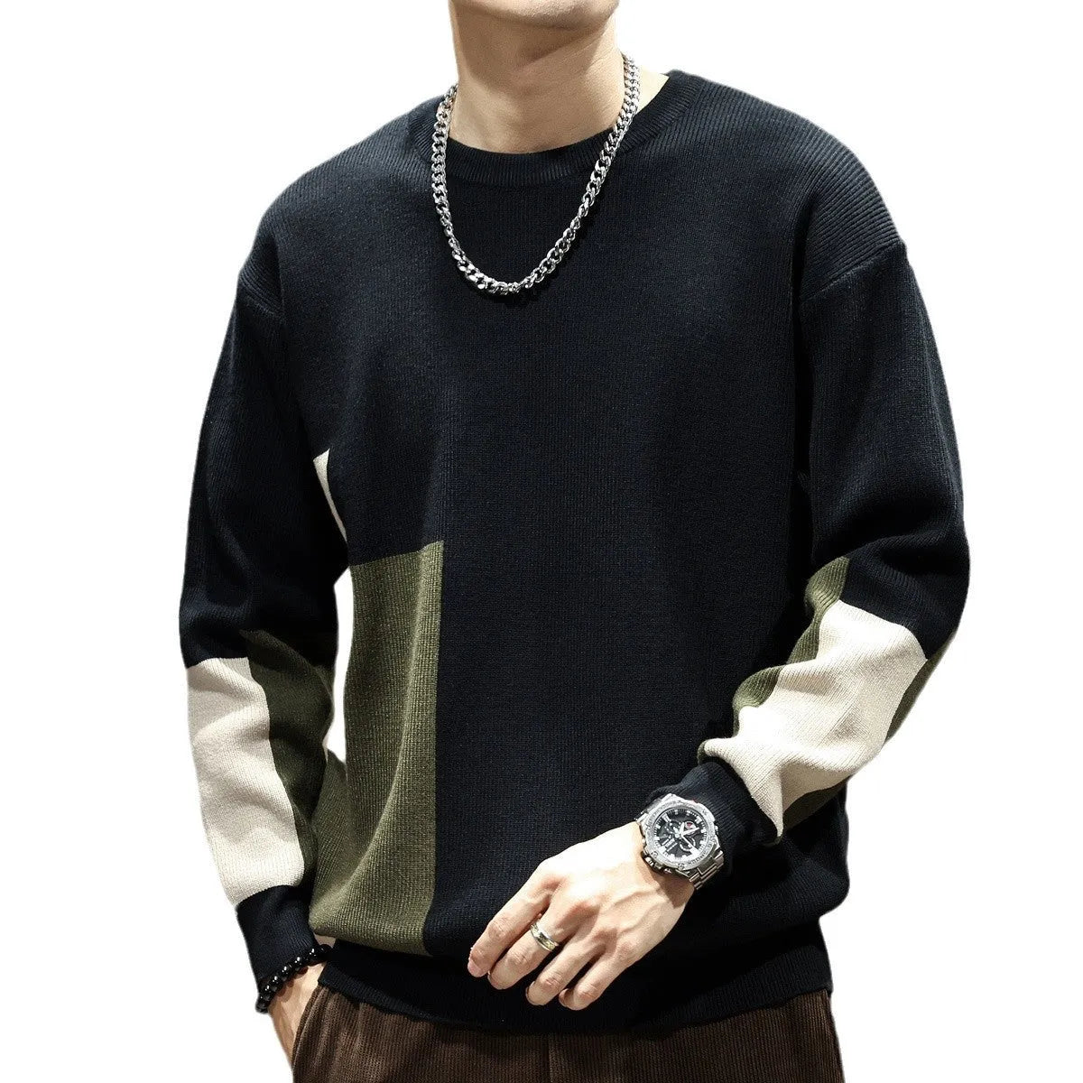 Men's oversized pullover sweater in black or walnut with colour contrast patchwork and long sleeves