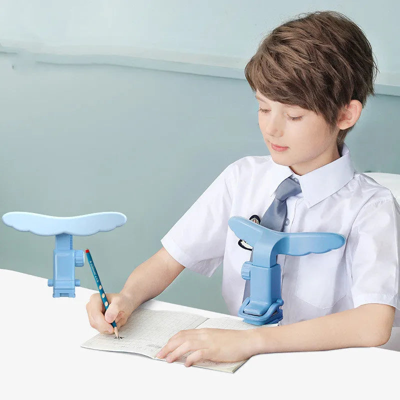 Student anti-myopia seated posture orthosis in blue silicone and ABS on a desk