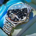 Automatic mechanical watch with double calendar, 11mm slim case, steel belt, black dial, business style