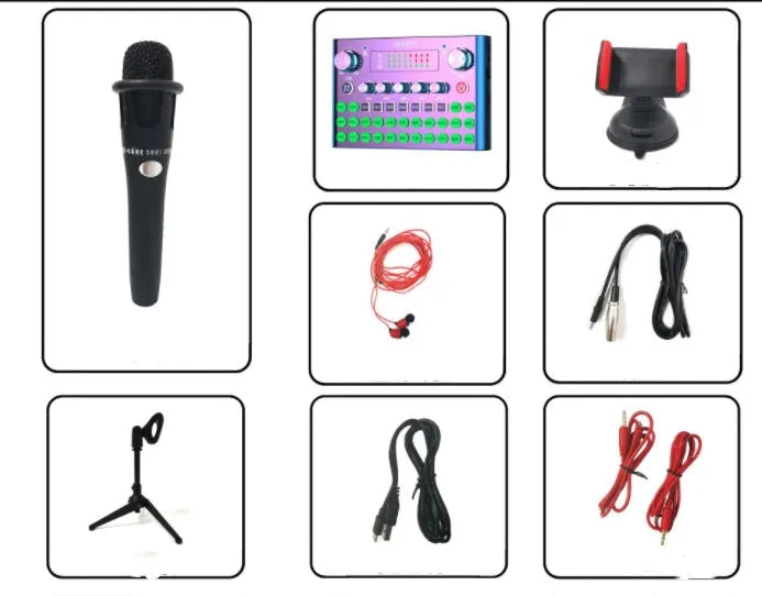 F007plus live broadcast sound card with condenser microphone and mounting bracket for mobile and computer streaming