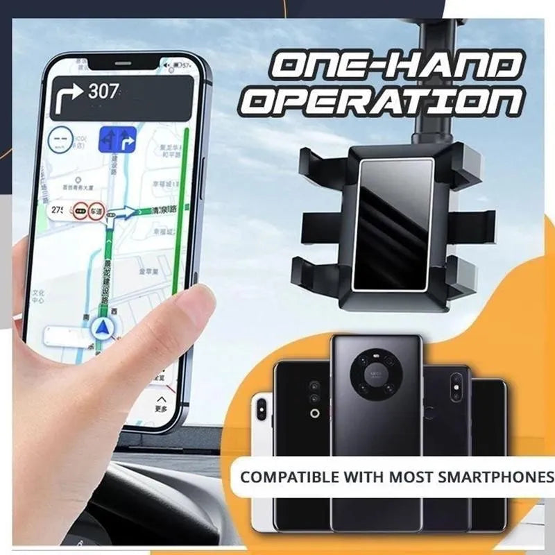 Black rearview mirror car phone holder with telescopic arm and 360° rotating joint on a car mirror.