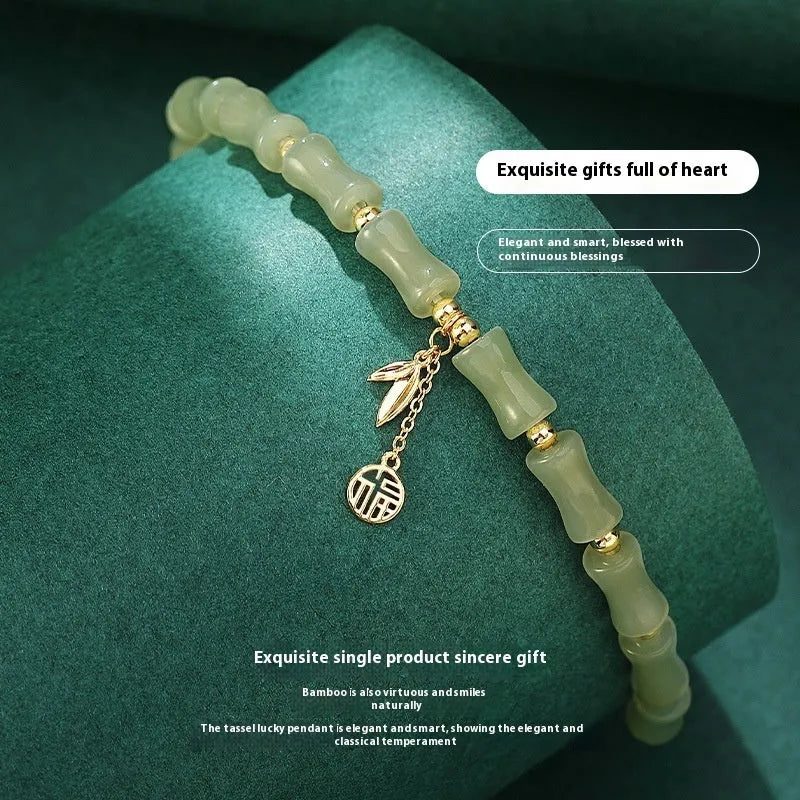 Green Hetian jade and alloy bamboo joint bracelet for women, about 18cm, New Chinese style