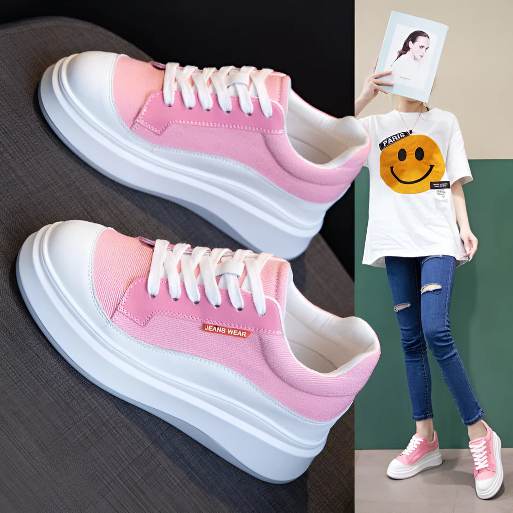 Women's pink leather board shoes with thick soles for height increase