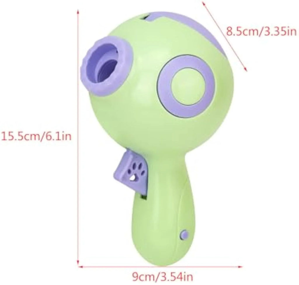Green, orange, and pink dog treat launcher toy measuring 15.5 cm by 9 cm by 8.5 cm for remote feeding and training