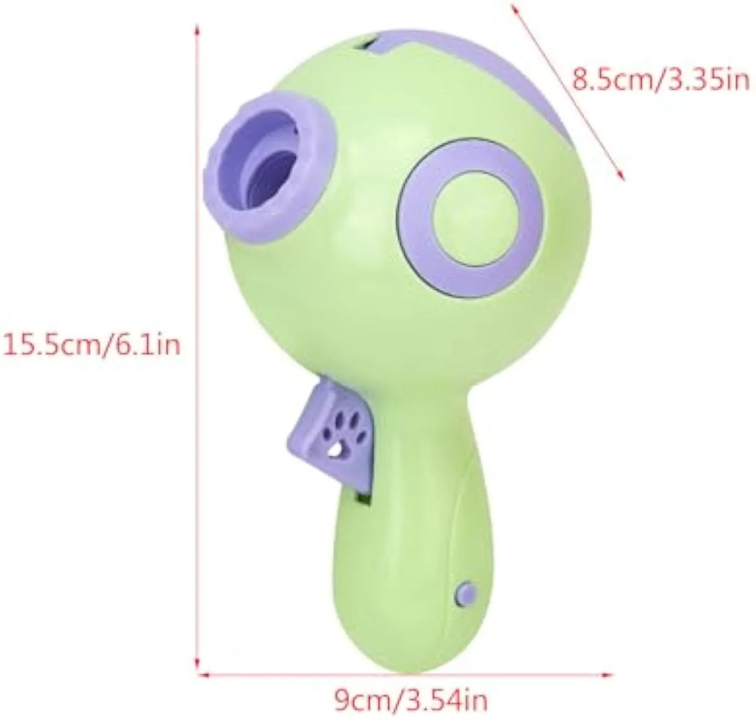 Green, orange, and pink dog treat launcher toy measuring 15.5 cm by 9 cm by 8.5 cm for remote feeding and training