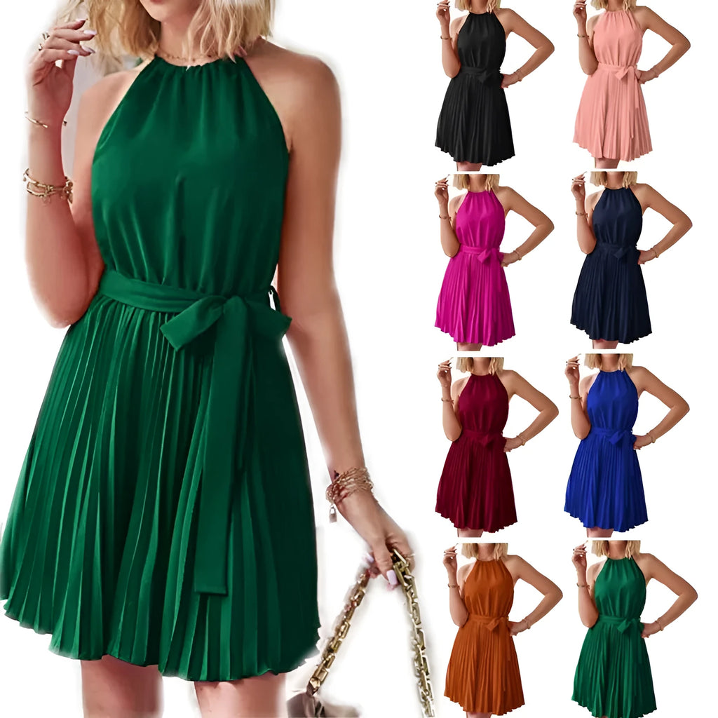 Women's black halter neck strapless chiffon dress with pleated midi skirt