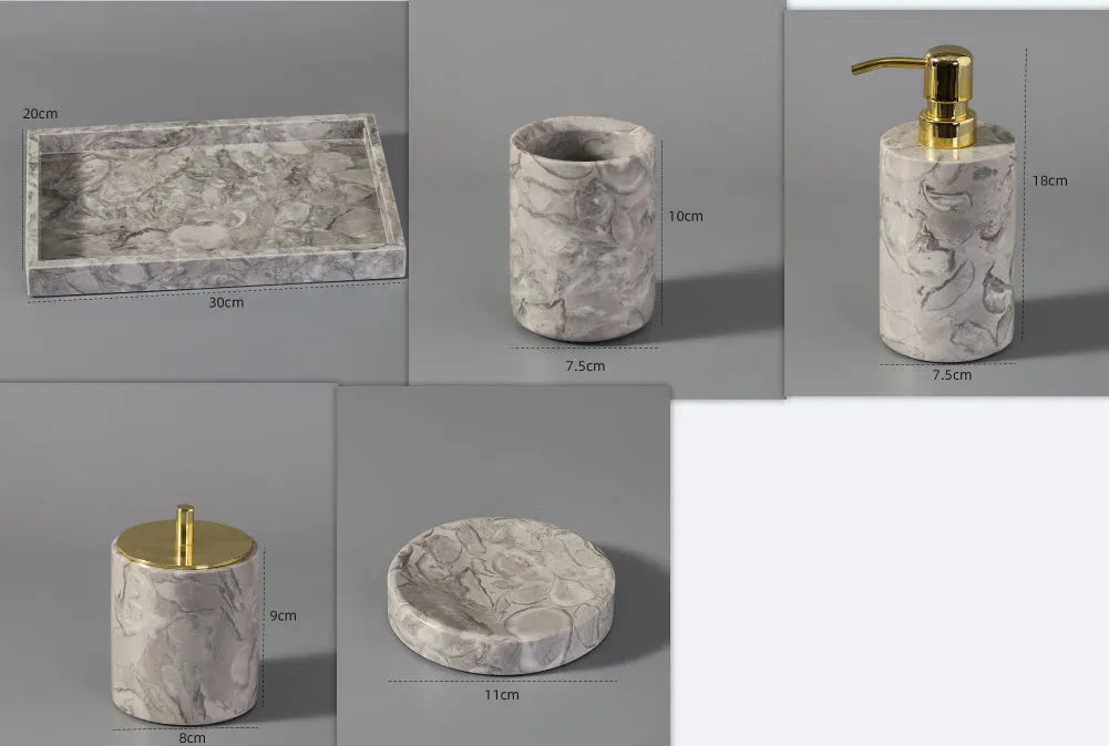 Marble bathroom toilet set with Bawang flower pattern including 16 pieces such as tissue boxes, lotion bottles, soap dishes, trays