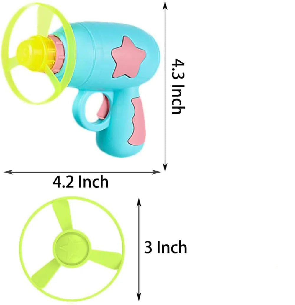 Blue plastic cat toy gun with disc launcher and Frisbee for indoor feline play