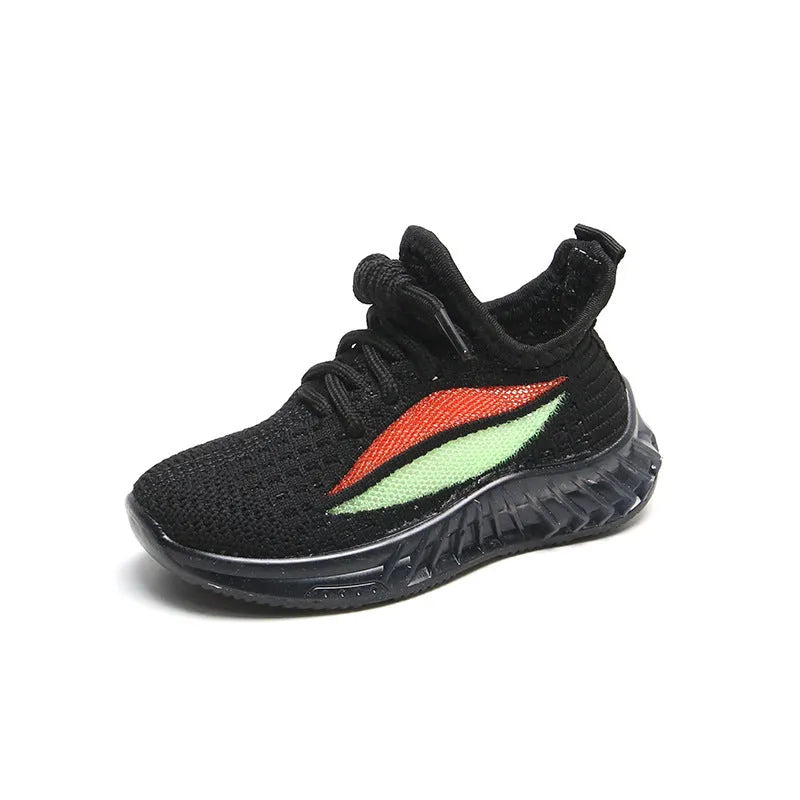 Children's white woven mesh sports shoes with rubber sole, side view on light background