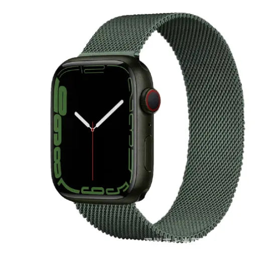 Stainless steel watch strap in silver shown attached to a watch with a 42mm case.