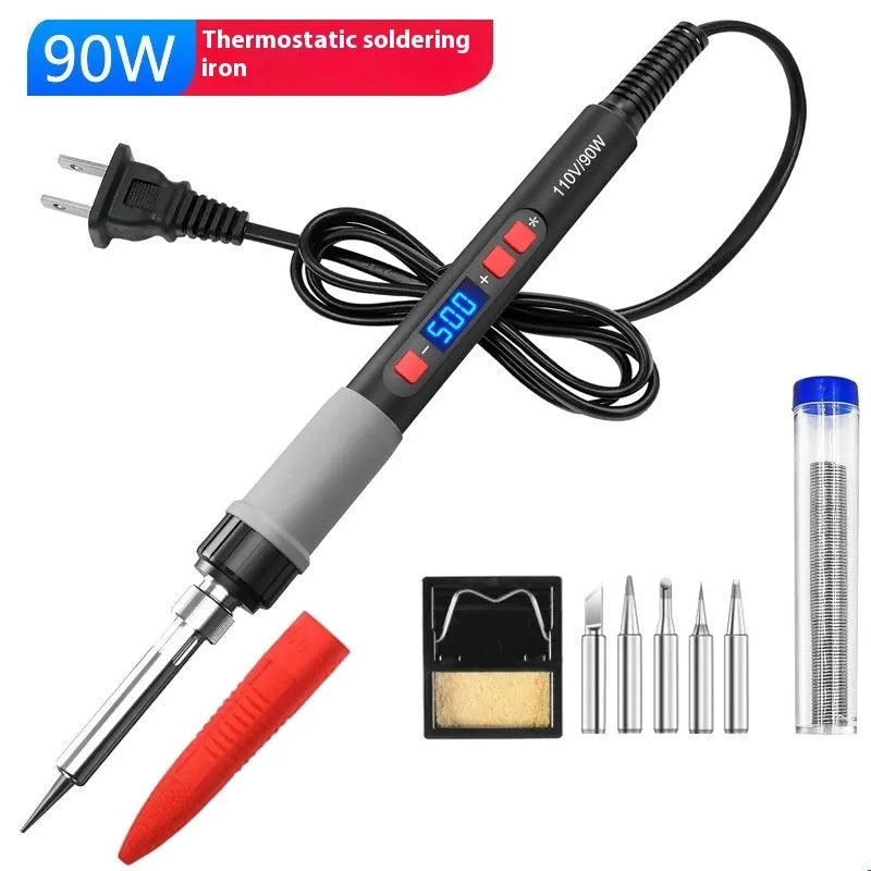 Grey 90W electric soldering iron with ceramic heating core, five soldering tips, and tin wire for household repairs