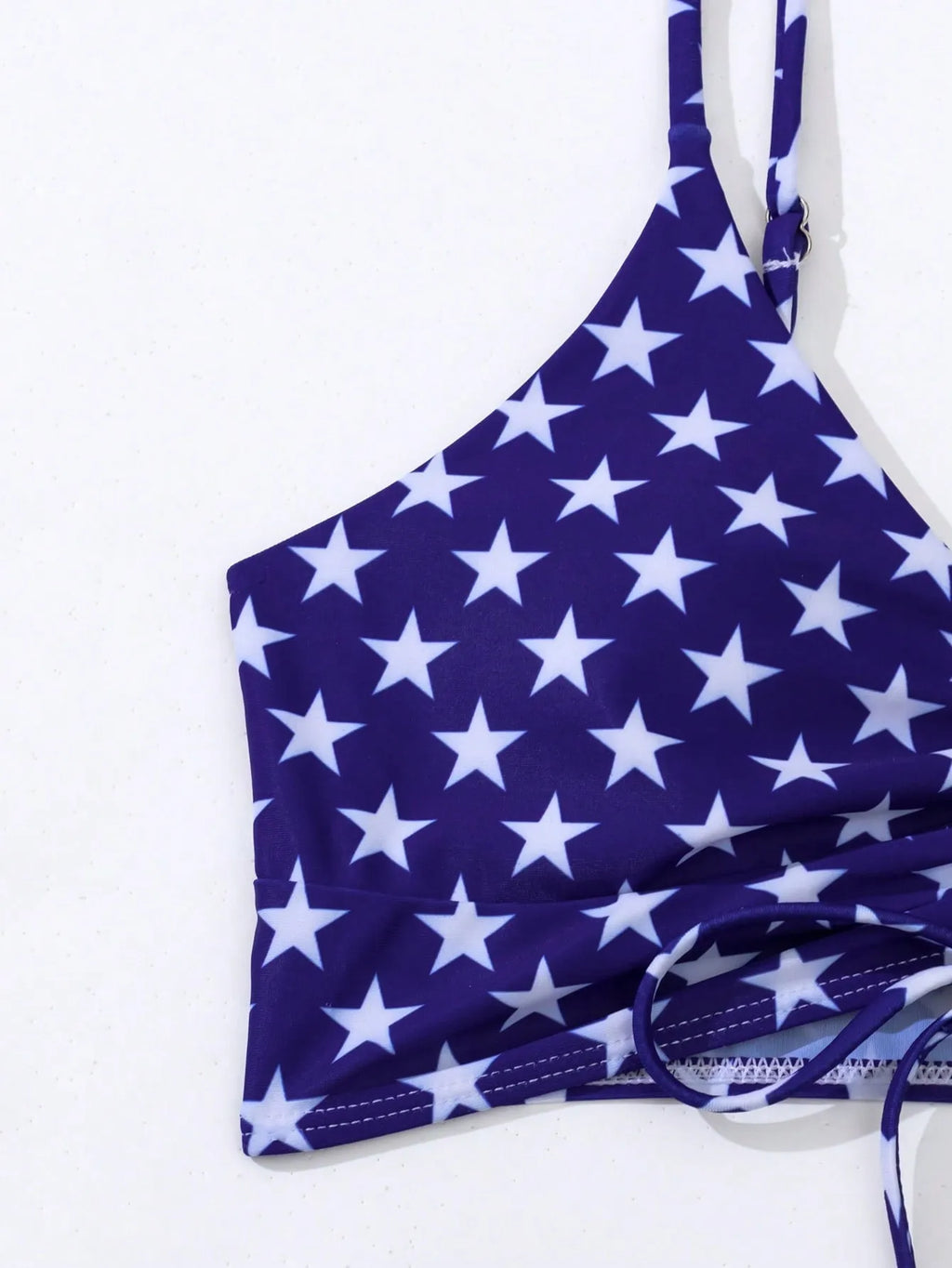Women's high waist boxer style swimsuit with drawstring in red, white, and blue Stars and Stripes pattern