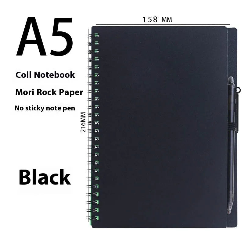 Erasable coil-bound notebook with stone paper pages showing black cover variant