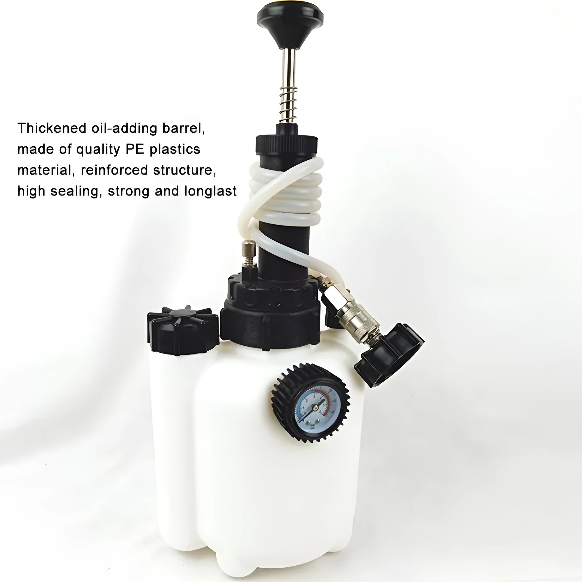 White 3L brake oil tank replacement tool with copper and iron fittings on a compact box.