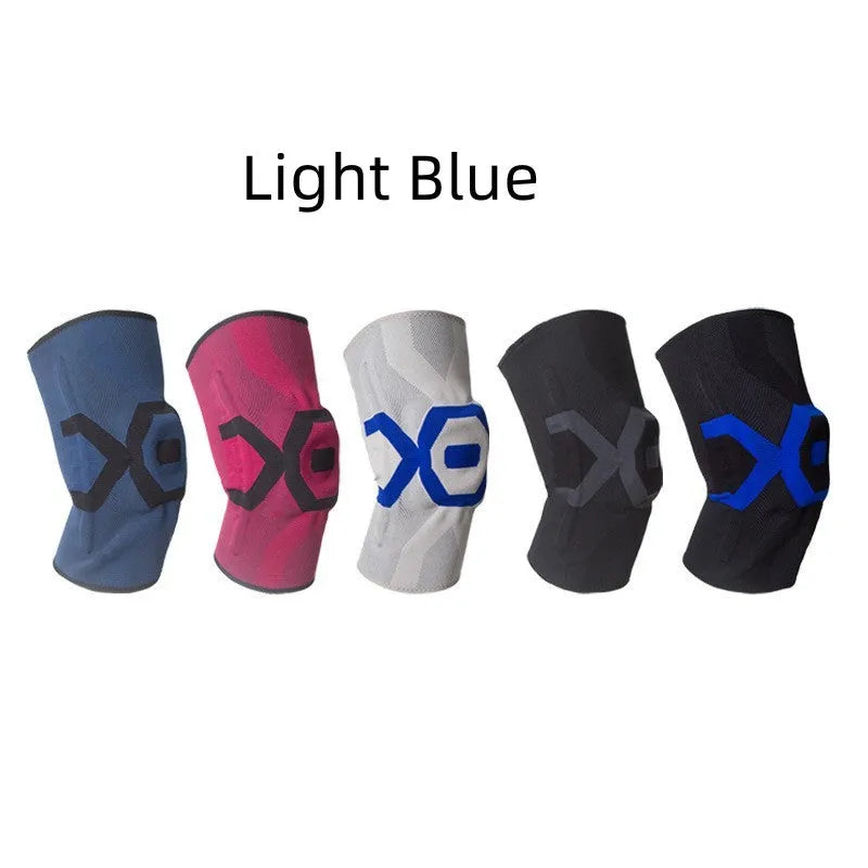 A pair of flexible silicone knee pads for sports, shown in a black and blue colour combination.