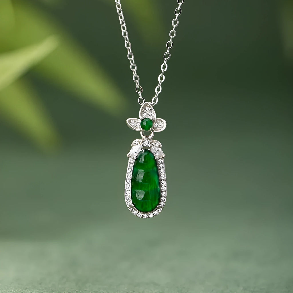 925 sterling silver sauteed green beans flower pendant necklace on cross chain, D1722 style, silver colour