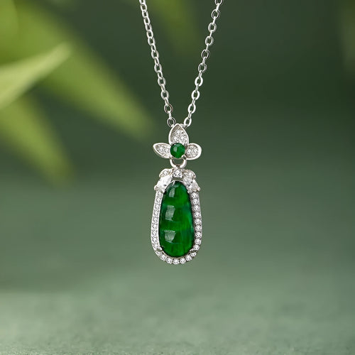 925 sterling silver sauteed green beans flower pendant necklace on cross chain, D1722 style, silver colour