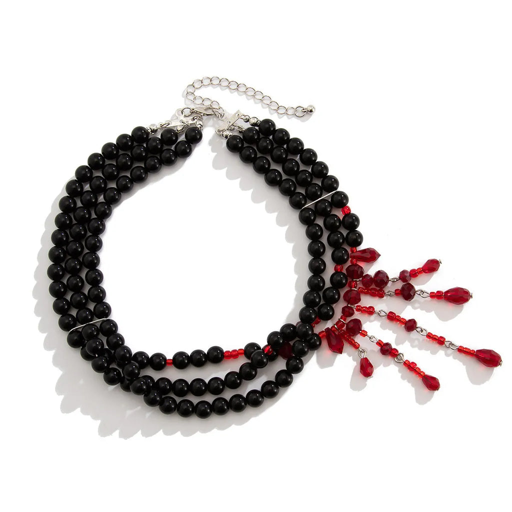 Men's Halloween blood drop tassel necklace with artificial crystal pendant and imitation pearl chain