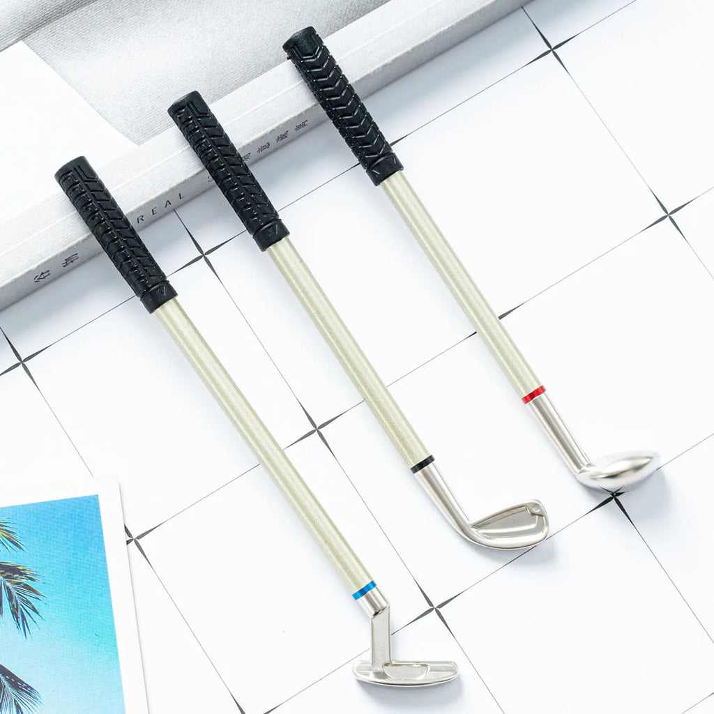 Three metal ballpoint pens with 0.7mm bullet nibs and suit golf design refills