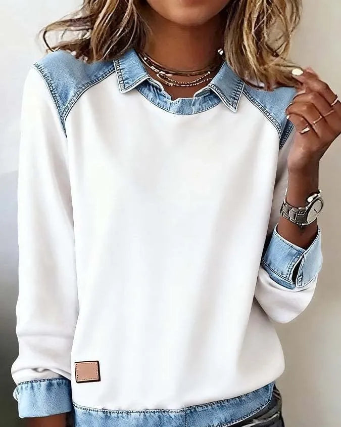 Denim collar long sleeve pullover knitwear top with contrast denim collar, solid colour body, street fashion style