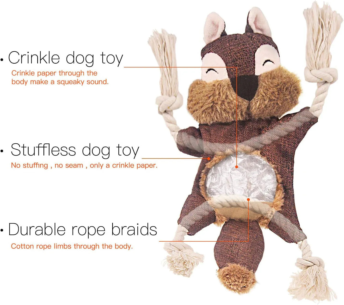 Brown fox dog toy with squeaker, crinkle paper, and cotton rope through limbs