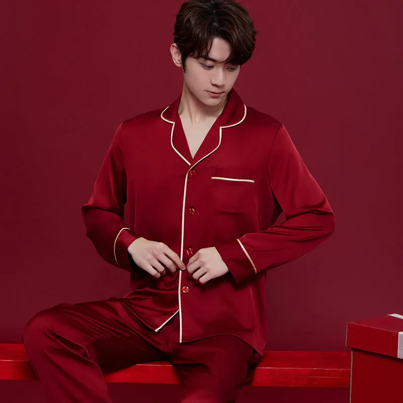 Red men's and women's matching sleepwear set with long sleeves and trousers for wedding and home wear