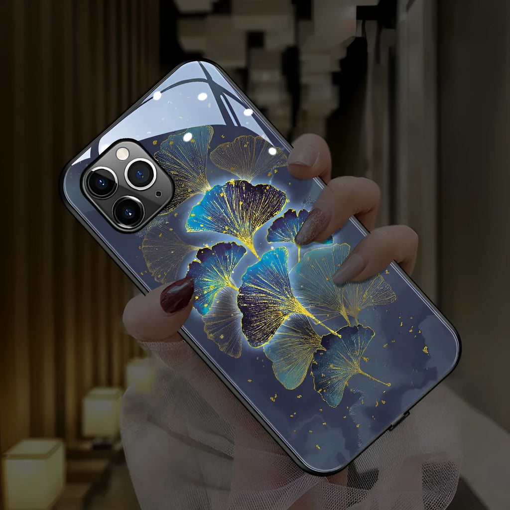 Light blue glow phone case for iPhone showing tempered glass back with TPU edge