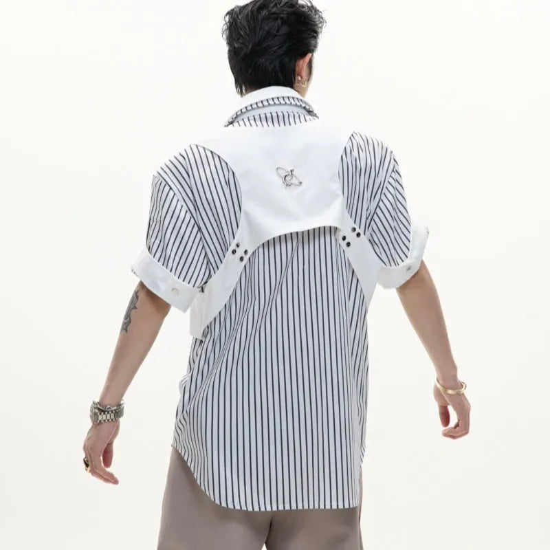 Men's black and white striped shirt with double collar design and short sleeves