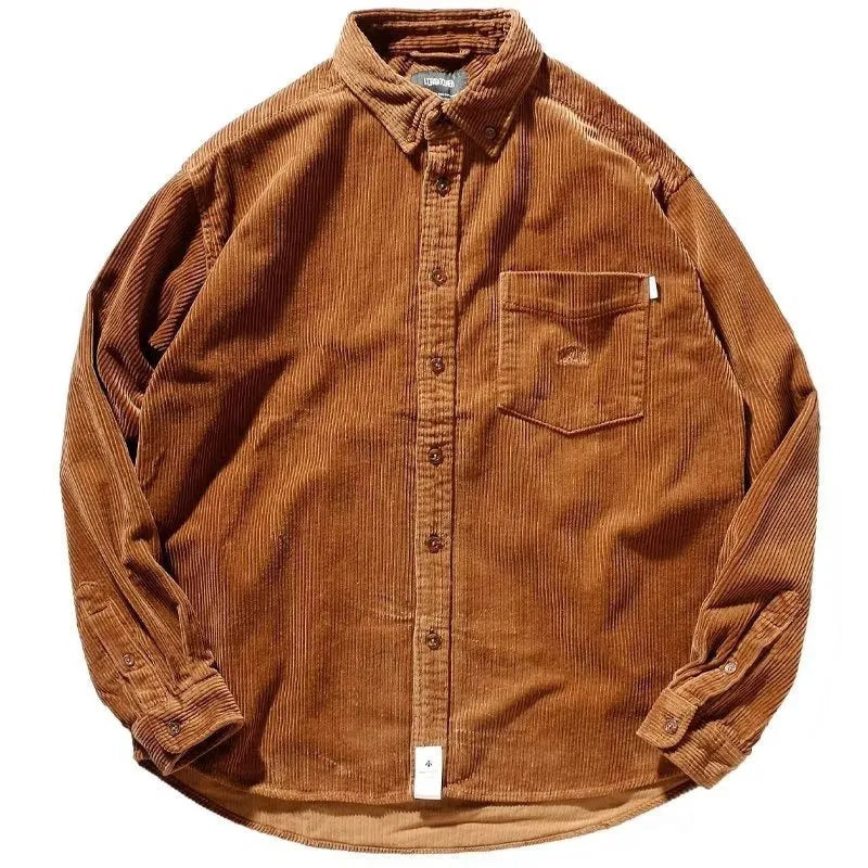 Loose fit Hong Kong style corduroy shirt in caramel colour with long sleeves and cardigan front