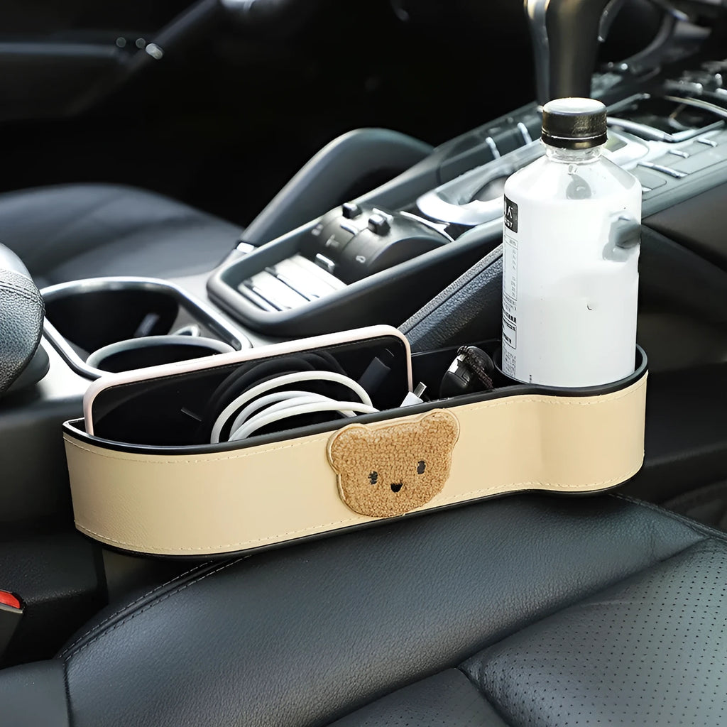 Leather car seat gap storage box with cartoon bear design for organising small items