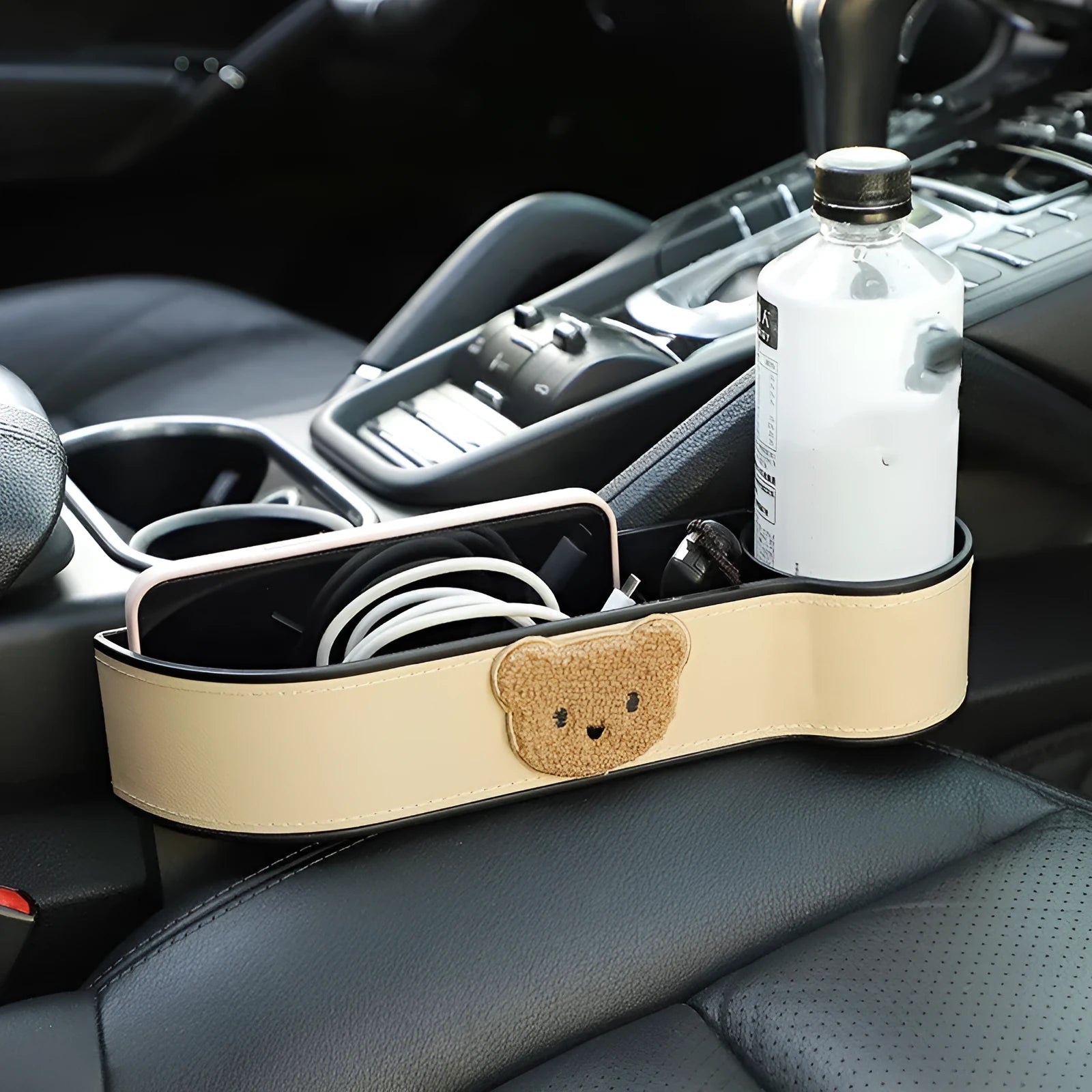 Leather car seat gap storage box with cartoon bear design for organising small items