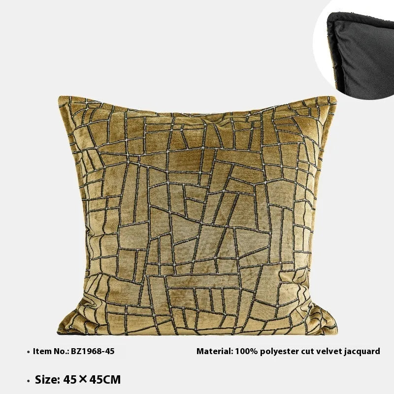 Geometric abstract pattern cushion cover in gold colour with square and waist pillow size options