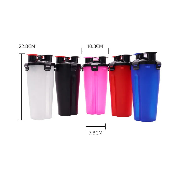 Portable 2-in-1 pet water and food cup showing water reservoir and food compartment