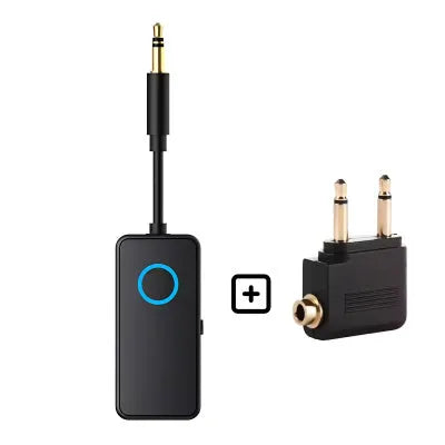 Black Bluetooth 5.4 dual-mode audio adapter with 3.5mm plug for wired to wireless conversion