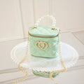White PVC bucket-shaped cosmetic bag with a heart pattern, shown open.