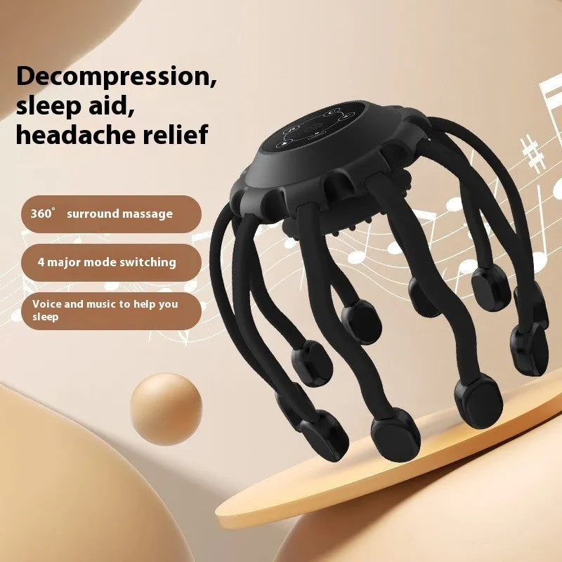 Black USB-powered electric head massager with multiple vibrating claws on scalp