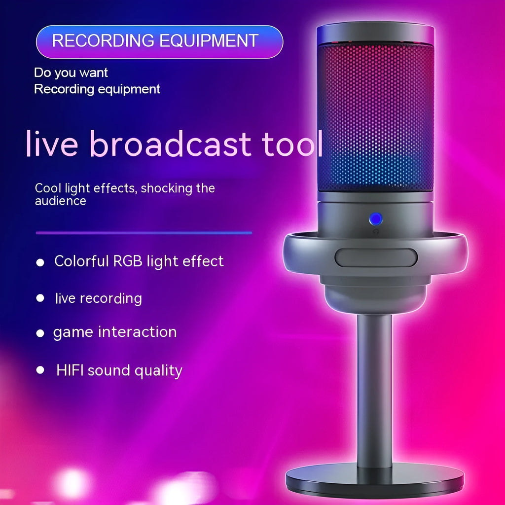 Condenser microphone with RGB lighting for computer recording in black, white, or pink